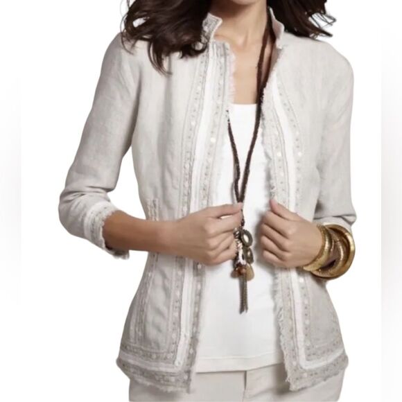 Chico’s Artisan Accent Aleanna Open Front Jacket Silver Sand Size 1 & Medium - Picture 4 of 13